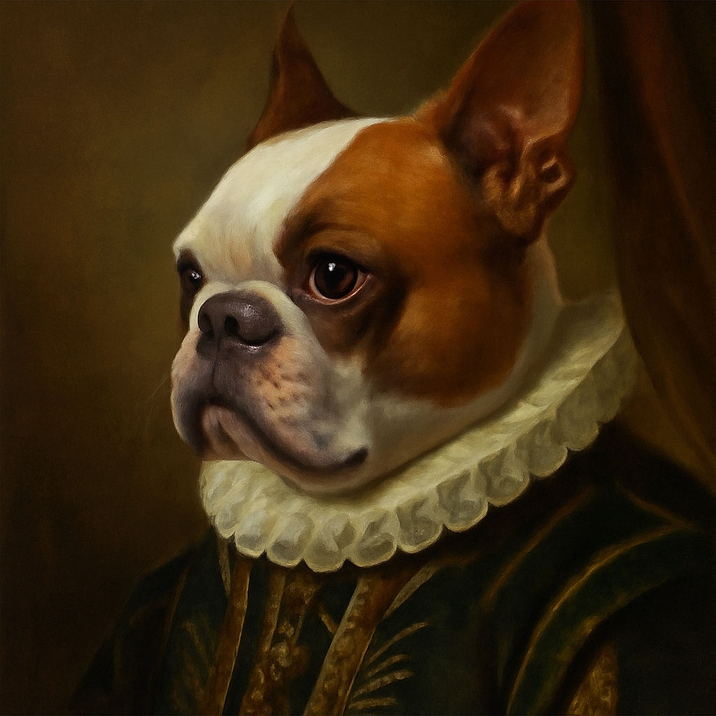 A close-up photo of a small brown and white dog standing on white tiled floor, looking off to the side with a curious expression. The lighting is natural but the photo is slightly blurry and casually composed.