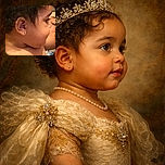 A close-up of a young child's profile with curly hair and an earring, looking to the side, with another person's face partially visible in the background. The image is slightly blurry and dimly lit.
