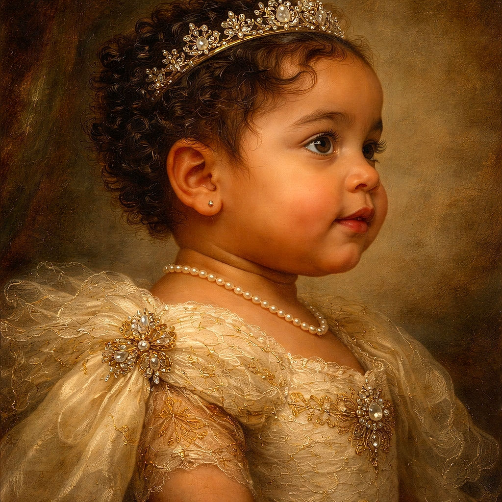 A close-up of a young child's profile with curly hair and an earring, looking to the side, with another person's face partially visible in the background. The image is slightly blurry and dimly lit.