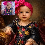 A charming baby girl wearing a vibrant floral dress and an oversized bright pink bow headband, sitting comfortably in a patterned baby seat outdoors with green grass in the background, looking curiously at the camera.