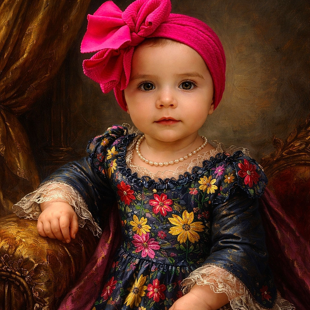 A charming baby girl wearing a vibrant floral dress and an oversized bright pink bow headband, sitting comfortably in a patterned baby seat outdoors with green grass in the background, looking curiously at the camera.
