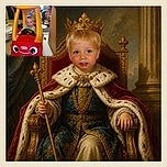 A cheerful toddler is taking the wheel of a bright red toy car, looking like the tiniest chauffeur in town while a giant yellow roof and a crowd of family spectators turn the living room into his very own grand prix.