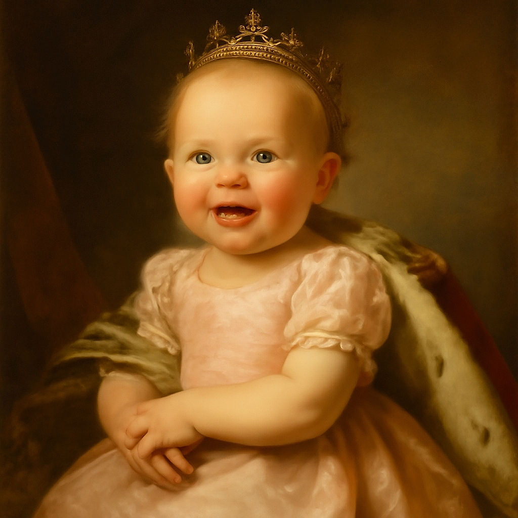 A joyful baby with sparkling blue eyes and a wide smile is comfortably seated in a car seat, wearing a pink outfit with floral designs and a colorful padded headrest. The photo captures the innocence and happiness of the little one with soft lighting and a cozy background.