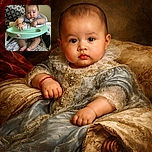 A chubby-cheeked baby sits comfortably in a high chair with a mint green tray, clutching a soft cloth and wearing a tiny red bracelet, looking curiously at the camera with wide eyes and a pouty mouth, while a patterned cushion and wall provide a cozy background.