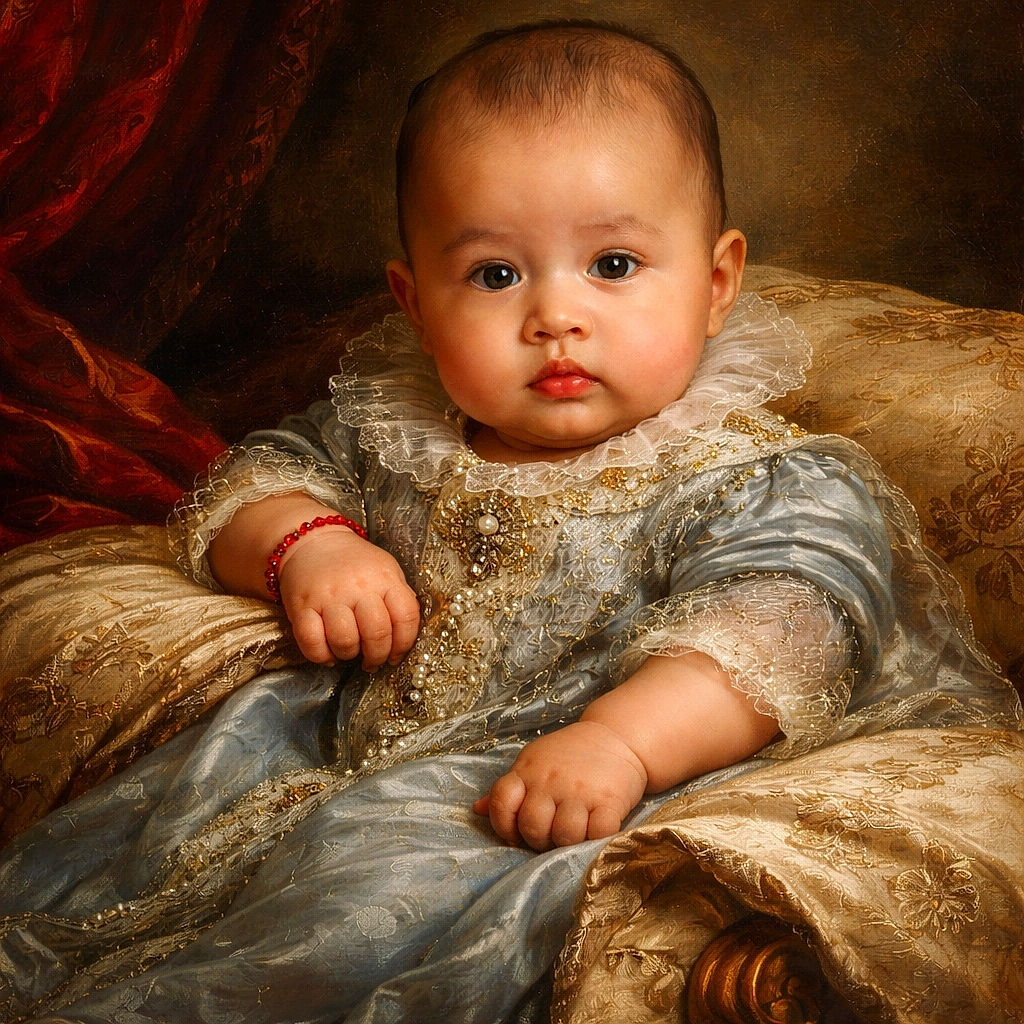 A chubby-cheeked baby sits comfortably in a high chair with a mint green tray, clutching a soft cloth and wearing a tiny red bracelet, looking curiously at the camera with wide eyes and a pouty mouth, while a patterned cushion and wall provide a cozy background.