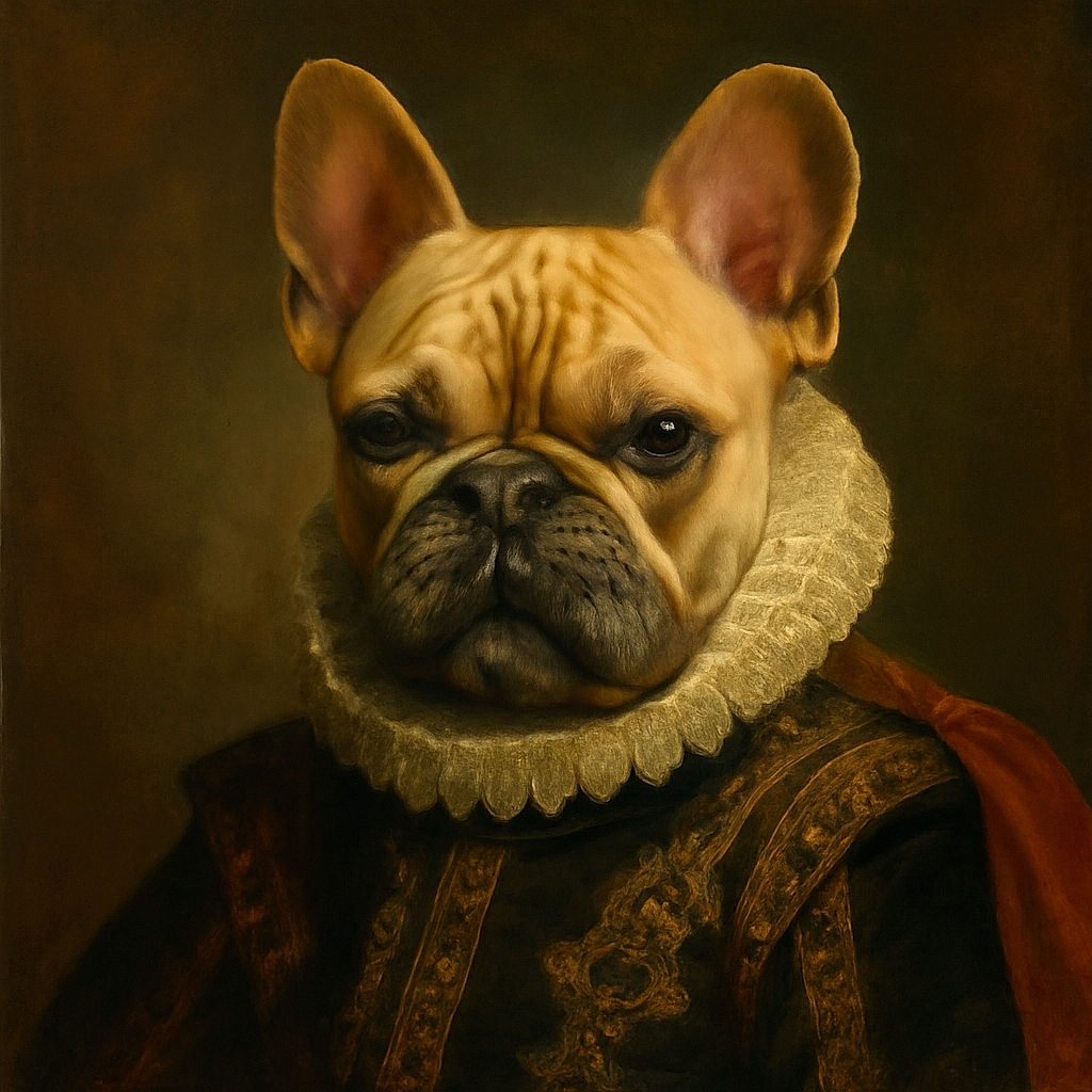 A close-up shot of a curious French Bulldog with its signature wrinkled face and large ears, looking straight into the camera with a slightly serious expression. The background is softly blurred, highlighting the dog's adorable features.
