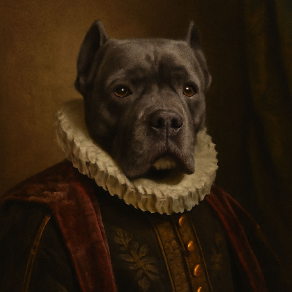 A large gray dog with expressive eyes is lying on a beige carpet, glancing curiously at the camera. In the background, a cozy dog bed with a beige blanket is visible, along with a red and white object that looks like a pet toy or holiday accessory. The setting suggests a comfortable indoor living space.