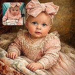 An adorable baby with big blue eyes is bundled up in a soft pink outfit and matching oversized bow headband, wrapped snugly in a cozy patterned blanket while sitting in a stroller with a calm, curious expression.