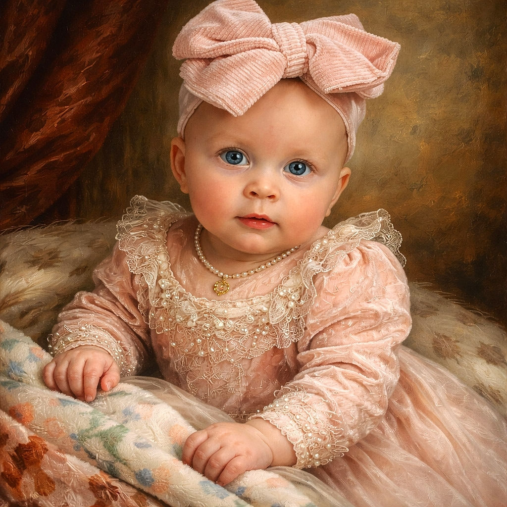An adorable baby with big blue eyes is bundled up in a soft pink outfit and matching oversized bow headband, wrapped snugly in a cozy patterned blanket while sitting in a stroller with a calm, curious expression.