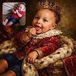 A cheerful baby in a bright red shirt and navy shorts lounges comfortably on a beige leather couch, flashing a playful smile and sticking out their tongue in pure adorable mischief.