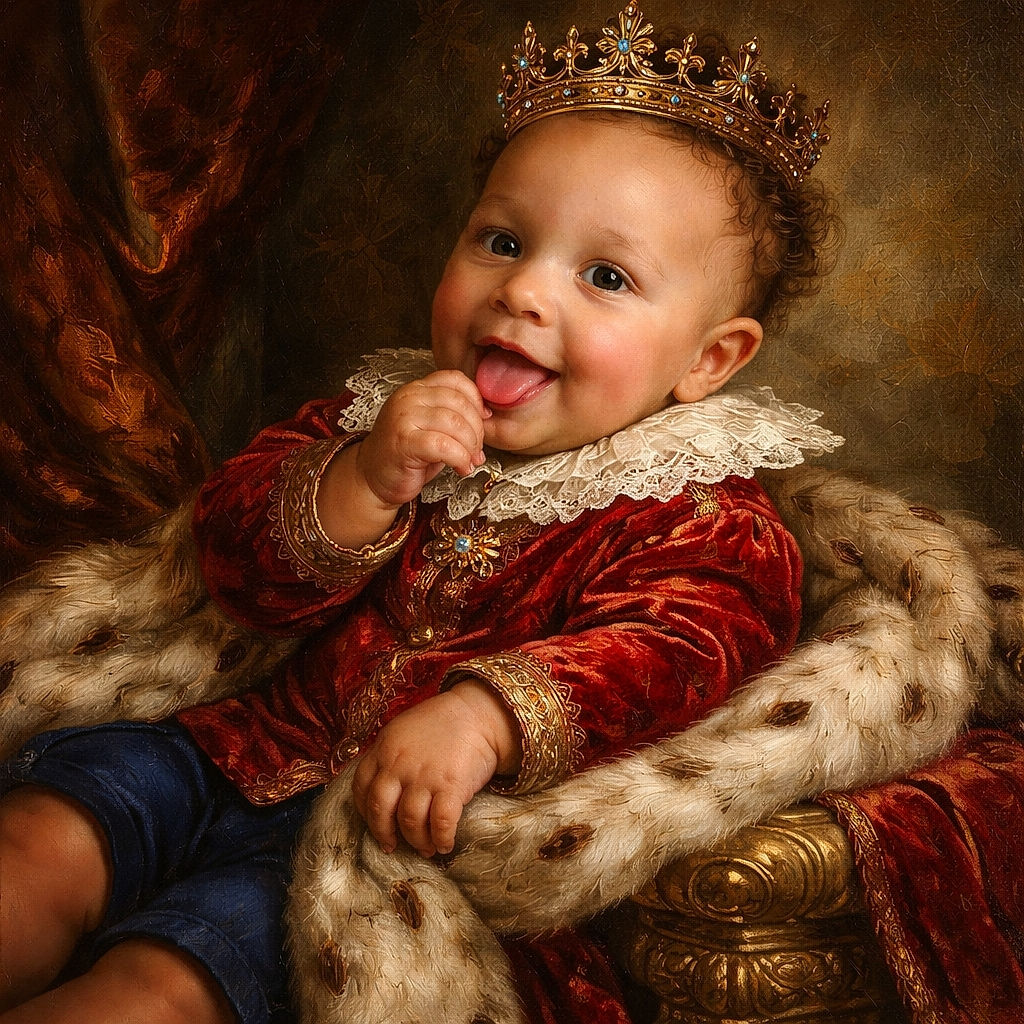 A cheerful baby in a bright red shirt and navy shorts lounges comfortably on a beige leather couch, flashing a playful smile and sticking out their tongue in pure adorable mischief.