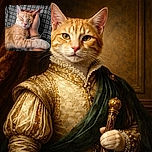 A cozy ginger cat with eyes closed in pure bliss, gently cradled by a hand with bright red nails, resting on a patterned black and white blanket. The cat's paw lovingly hugs the wrist, creating a heartwarming moment of comfort and affection.