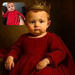 A curious baby in a vibrant red outfit is being held up by an arm with a detailed tattoo, looking straight at the camera with wide, innocent eyes against a dark, simple background.