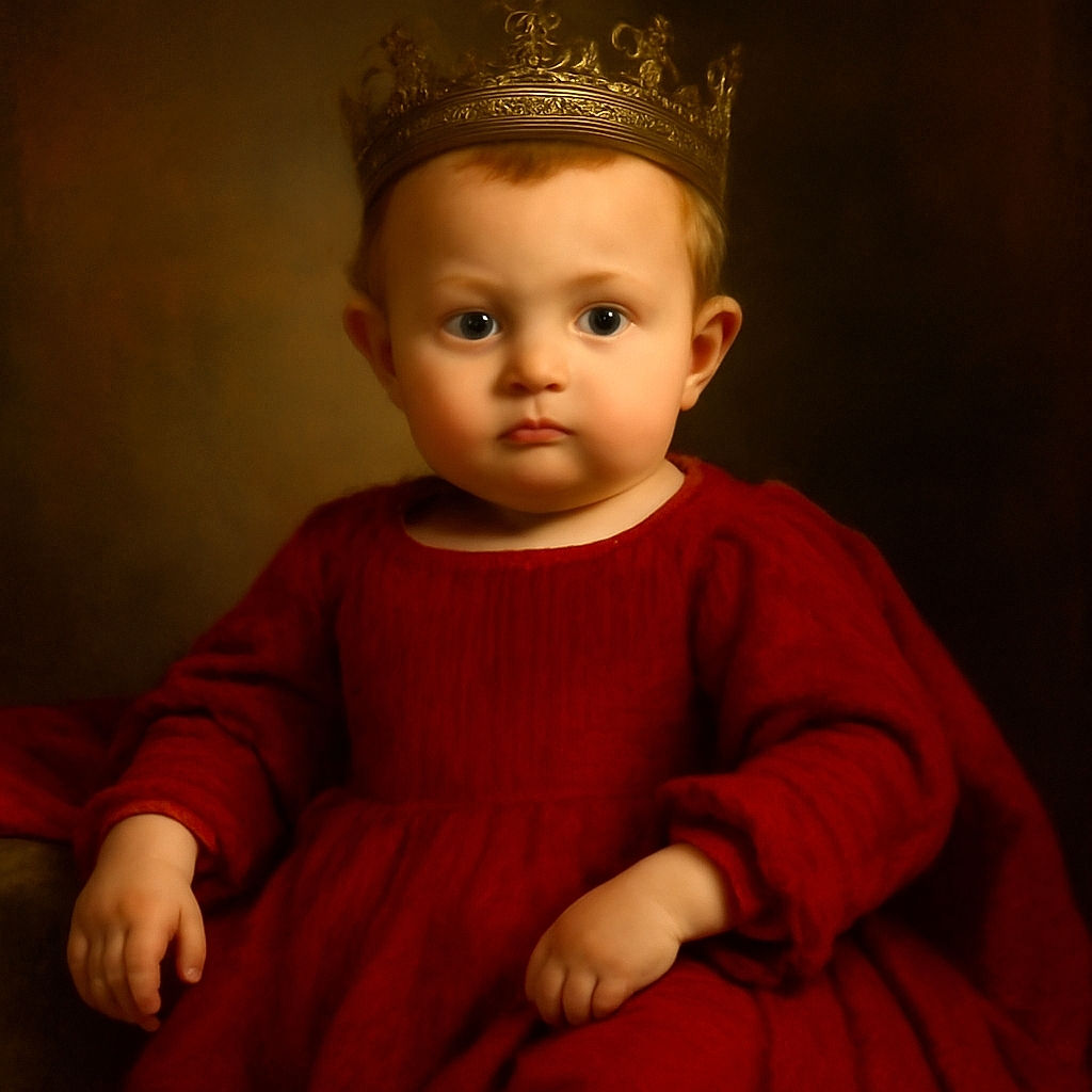 A curious baby in a vibrant red outfit is being held up by an arm with a detailed tattoo, looking straight at the camera with wide, innocent eyes against a dark, simple background.
