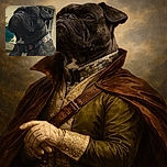 A close-up photo of a serious-looking black dog with a floral collar, sitting outdoors near a beige wall and a window with bars. The dog seems to be posing with an air of dignity, while the background includes a blue planter and some greenery.