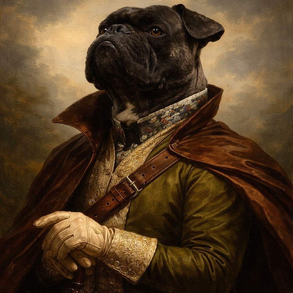 A close-up photo of a serious-looking black dog with a floral collar, sitting outdoors near a beige wall and a window with bars. The dog seems to be posing with an air of dignity, while the background includes a blue planter and some greenery.