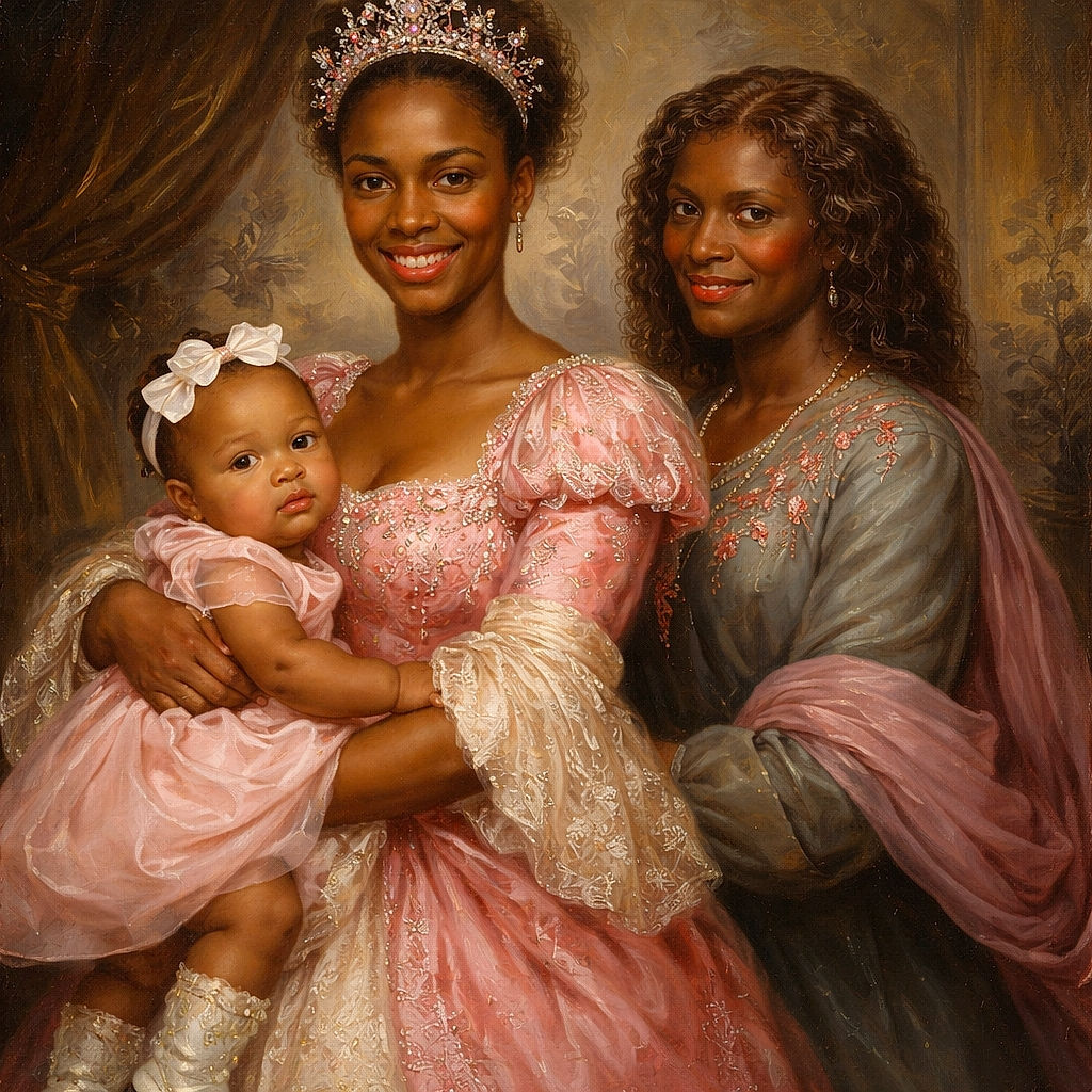 Three joyful people strike a pose under a blush balloon arch — a tiny baby in a pink dress and silver boots being held like royalty, flanked by two smiling women in party-ready outfits and a vase of white flowers on a draped table. It looks like a confetti-free coronation where the baby is clearly winning "best dressed."