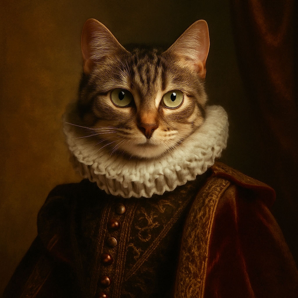 A close-up of a curious tabby cat with striking green eyes, sitting against a rough textured wall background, giving an intense and slightly mysterious stare.