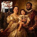 A cheerful family moment captured indoors with three adults and a toddler, all wearing matching Mickey Mouse-themed white t-shirts. The toddler, held lovingly by the woman in the center, is the focal point with curly hair and a curious expression. The background reveals a cozy, lived-in space with bookshelves, photos, and colorful balloons hinting at a celebration.