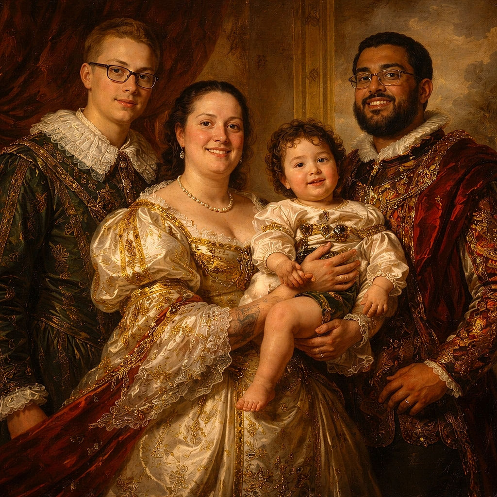 A cheerful family moment captured indoors with three adults and a toddler, all wearing matching Mickey Mouse-themed white t-shirts. The toddler, held lovingly by the woman in the center, is the focal point with curly hair and a curious expression. The background reveals a cozy, lived-in space with bookshelves, photos, and colorful balloons hinting at a celebration.