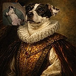 A relaxed black and white dog lounging on its back in a cozy dog bed, looking slightly amused or contemplative, with a colorful bag in the background on a wooden floor.