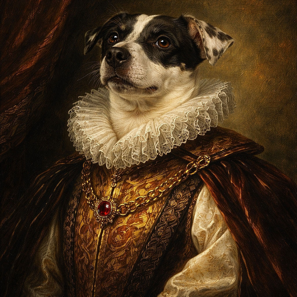 A relaxed black and white dog lounging on its back in a cozy dog bed, looking slightly amused or contemplative, with a colorful bag in the background on a wooden floor.