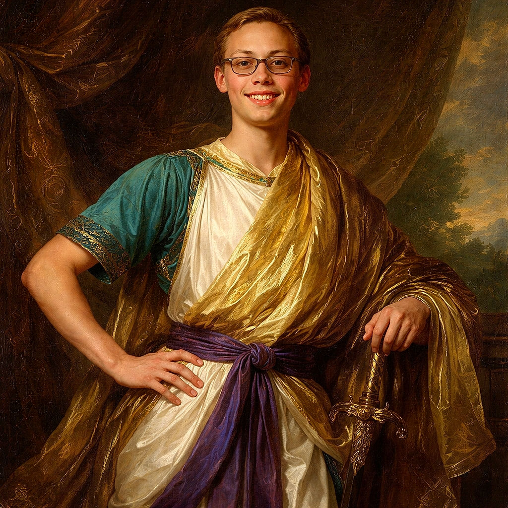 A confident young person dressed in a shiny gold and white toga-like costume, flexing their muscles with a big smile and glasses, standing against a plain white background like a modern-day hero ready for a toga party or a school play.