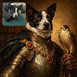 A charming black and white dog with a speckled face rests its head on a person's foot clad in a black sock, lying on a teal surface indoors with a cozy atmosphere.