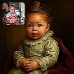 A wide-eyed baby with a white bow on her head is being held securely by an adult whose face is turned away and laughing. The baby looks surprised or curious, sitting on a table with a green cup in front, while the background shows a cozy, lived-in home environment.