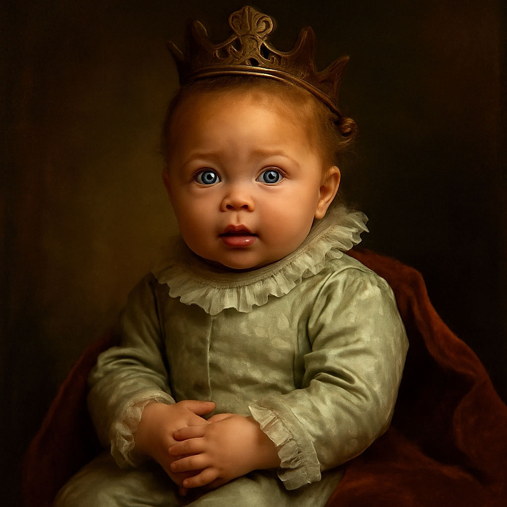 A wide-eyed baby with a white bow on her head is being held securely by an adult whose face is turned away and laughing. The baby looks surprised or curious, sitting on a table with a green cup in front, while the background shows a cozy, lived-in home environment.