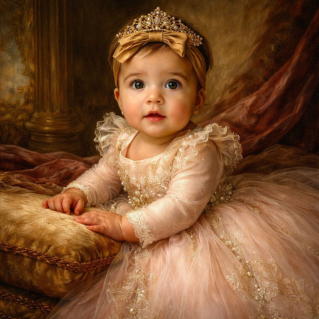 A chubby-cheeked baby in a 'Loved' onesie lounges against a rainbow-fuzzy pillow in a pink crib, reaching out like they're about to give an impassioned TED Talk while a baby monitor silently judges from the corner.