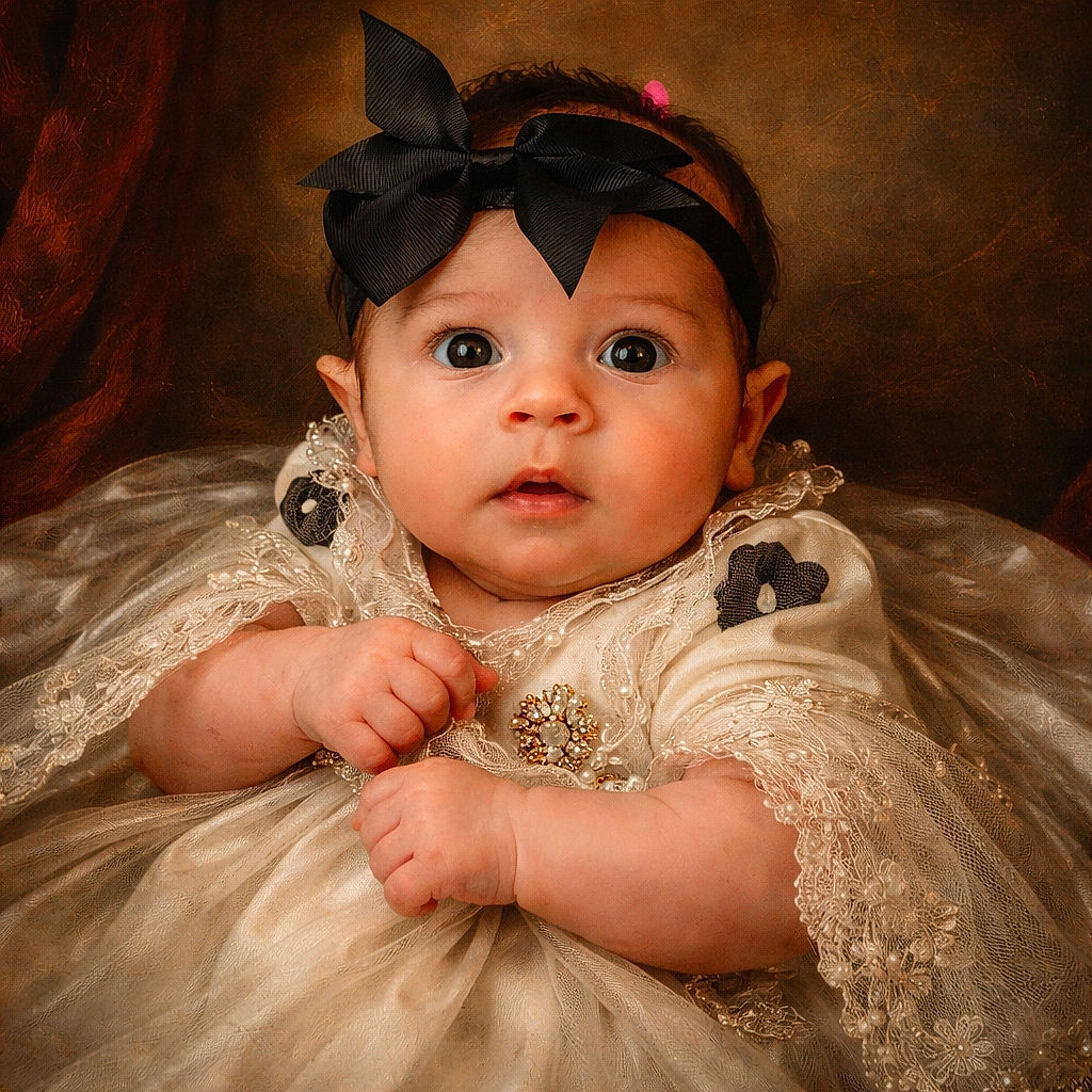 A wide-eyed baby with a big black bow on her head is being gently held by an adult, whose face peeks lovingly from behind. The baby looks curious and slightly surprised, with chubby arms and tiny hands gripping the adult's fingers tightly. The warm lighting highlights the soft skin and tender moment between the two.