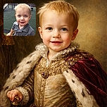 A cheerful toddler with tousled blonde hair smiles gently at the camera while holding onto playground equipment, with a slide and another child playing in the background on a sunny day.
