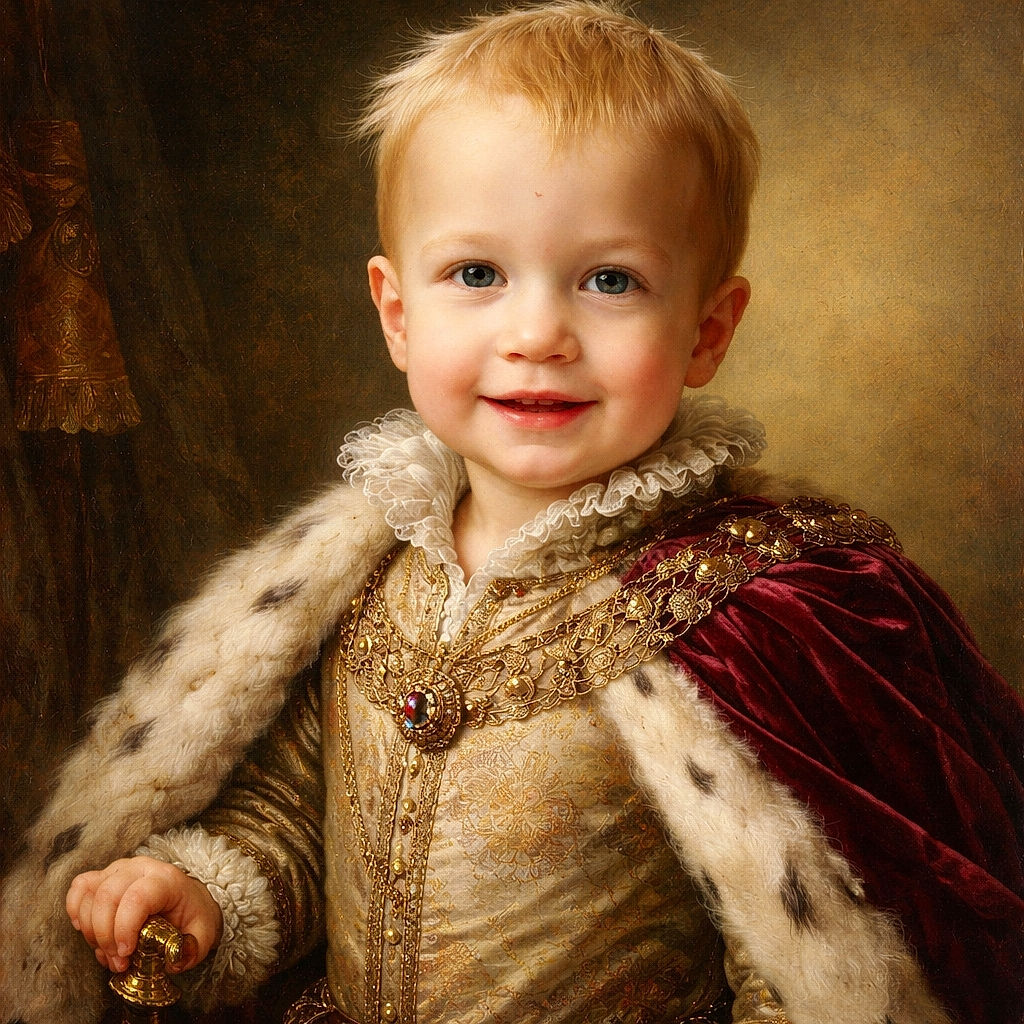 A cheerful toddler with tousled blonde hair smiles gently at the camera while holding onto playground equipment, with a slide and another child playing in the background on a sunny day.