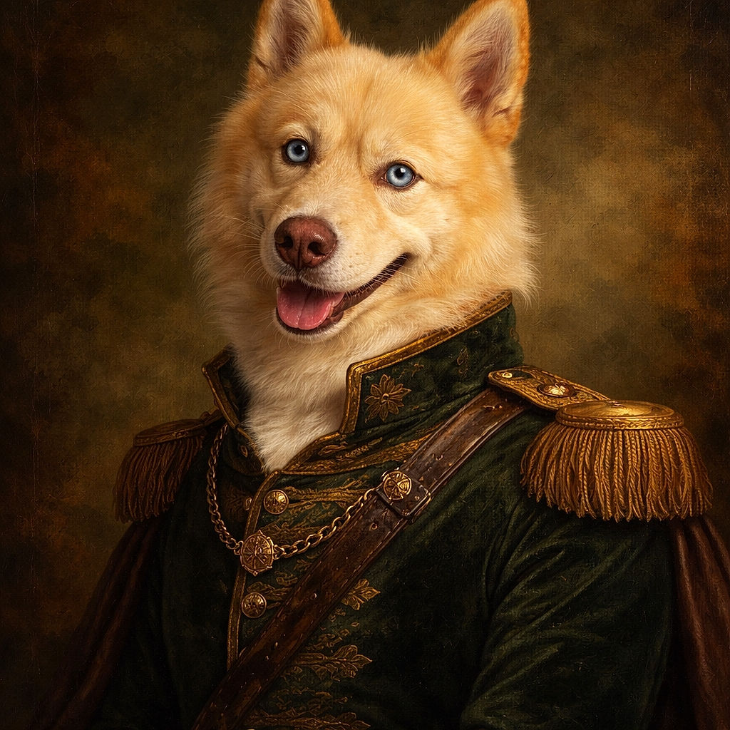 A fluffy light brown dog with striking blue eyes looks up with a happy, tongue-out smile, sitting on tiled floor near a bright red door, leash trailing beside it.