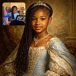 A curious young girl with braided hair looks up from her laptop in a colorful classroom filled with rainbow lights and educational posters, ready to conquer her next digital adventure.