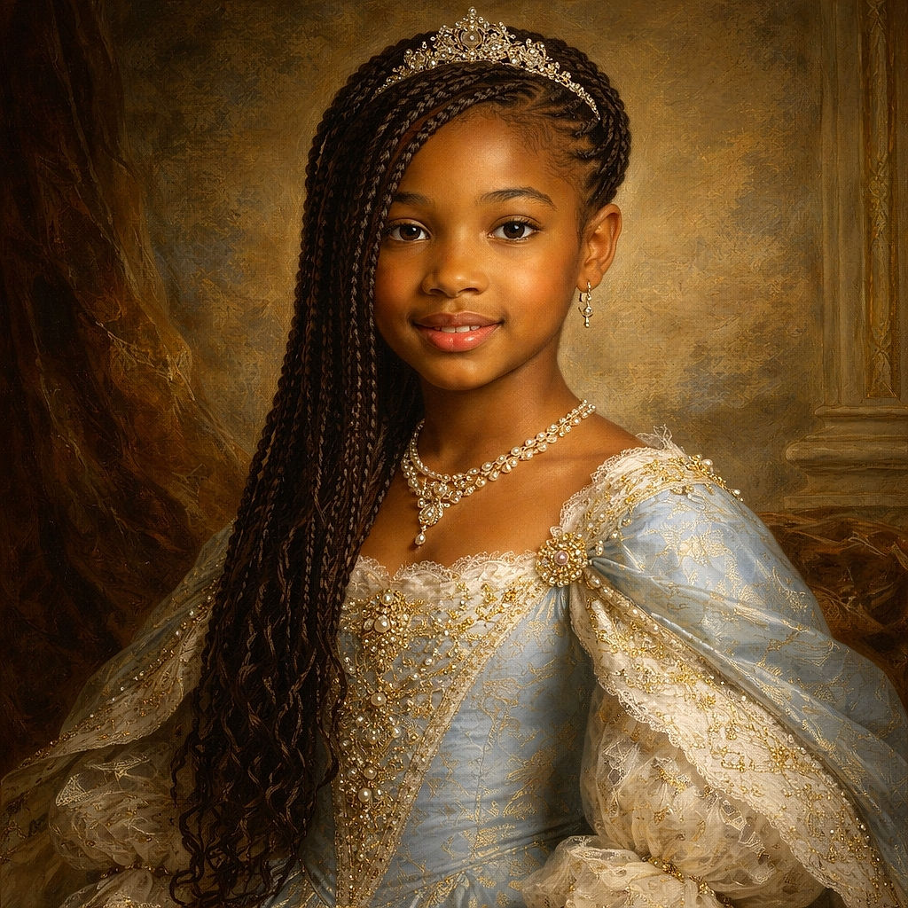 A curious young girl with braided hair looks up from her laptop in a colorful classroom filled with rainbow lights and educational posters, ready to conquer her next digital adventure.