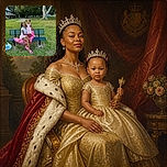 A stylish mother and her tiny flower-crowned sidekick pose on a park bench, wrapped in a pink starry blanket like royalty enjoying a very grassy throne. The giant tree and sunny park make the whole scene feel like a cheerful family picnic portrait.
