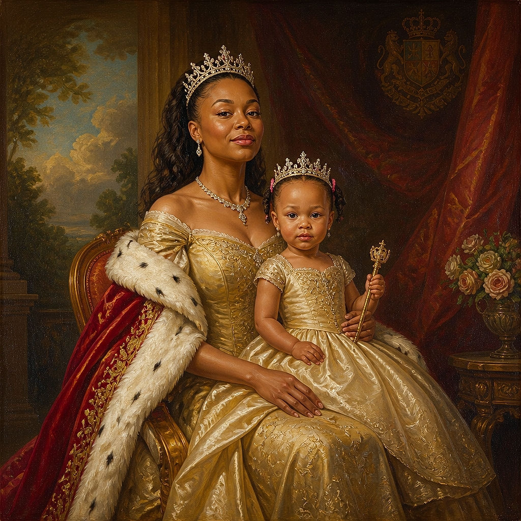A stylish mother and her tiny flower-crowned sidekick pose on a park bench, wrapped in a pink starry blanket like royalty enjoying a very grassy throne. The giant tree and sunny park make the whole scene feel like a cheerful family picnic portrait.