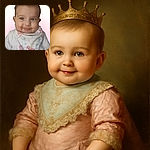 A cute baby with a charming smile is wearing a colorful bib with sea creatures, surrounded by playful doodles of hearts and a crown drawn above the head, giving a royal and adorable vibe.