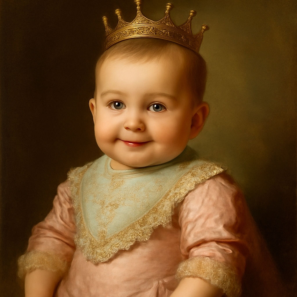 A cute baby with a charming smile is wearing a colorful bib with sea creatures, surrounded by playful doodles of hearts and a crown drawn above the head, giving a royal and adorable vibe.