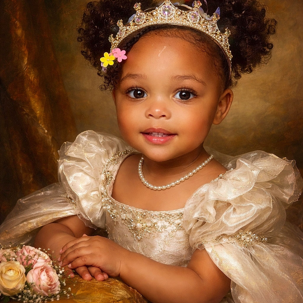 A tiny princess strikes a close-up pose: sparkly tiara perched on fluffy hair puffs, glossy lips mid-smile, and a giant rosette of a white dress that looks like a marshmallow cloud against a pink fuzzy backdrop — pure royal chaos in the sweetest way.