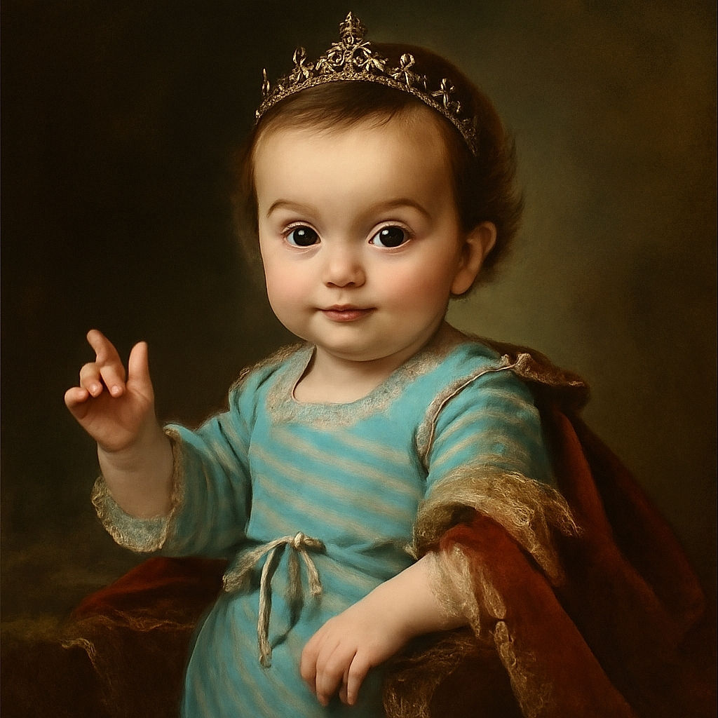 A wide-eyed baby with chubby cheeks sits comfortably in a wooden high chair, wearing a cozy striped onesie, grabbing the chair's bar with one hand and looking curiously at the camera with a hint of a smile.
