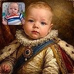 A serious-looking baby wearing a colorful striped onesie sits comfortably in a patterned baby seat with multicolored circles and cute animal designs, gazing curiously at the camera.