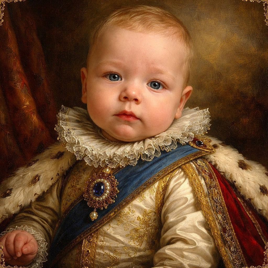 A serious-looking baby wearing a colorful striped onesie sits comfortably in a patterned baby seat with multicolored circles and cute animal designs, gazing curiously at the camera.