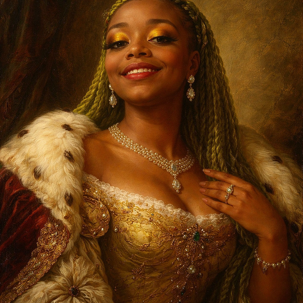 A close-up selfie of a smiling woman with bright yellow eyeshadow and long lashes holding a baby who looks curiously at the camera, with a loving text overlay that says 'She just loves me so much' and a heart-eyes emoji.