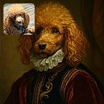 A fluffy brown poodle lounges on a rustic wooden floor, its curly fur looking like a cloud of chocolate and caramel swirls. The dog’s soulful eyes and slightly tilted head give it a charming, inquisitive expression, as if it's pondering the mysteries of life or waiting for a treat.