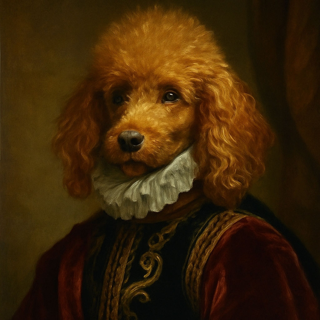 A fluffy brown poodle lounges on a rustic wooden floor, its curly fur looking like a cloud of chocolate and caramel swirls. The dog’s soulful eyes and slightly tilted head give it a charming, inquisitive expression, as if it's pondering the mysteries of life or waiting for a treat.