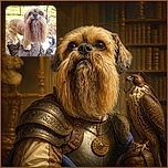 A wonderfully scruffy little dog balances on a tree stump like a tiny woodland professor, staring into the camera with a beard impressive enough to have its own postal address. A fenced, leafy outdoor setting and a second blurry dog add to the forest-adventure mood.
