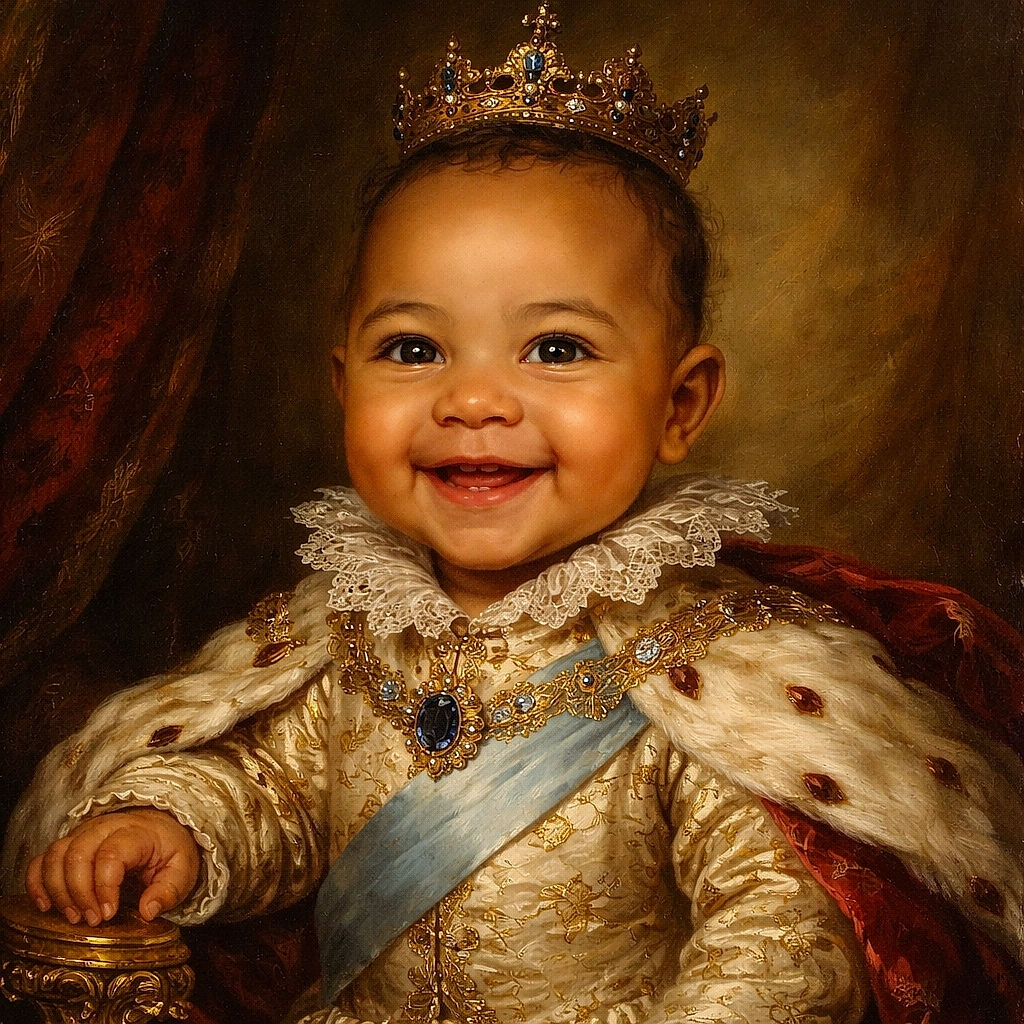 A chubby-cheeked baby beams a million-watt smile in a dinosaur-print onesie, sitting on a beige couch like a tiny, joyful comedian — eyes sparkling, two little teeth peeking, and pure delight stealing the frame.